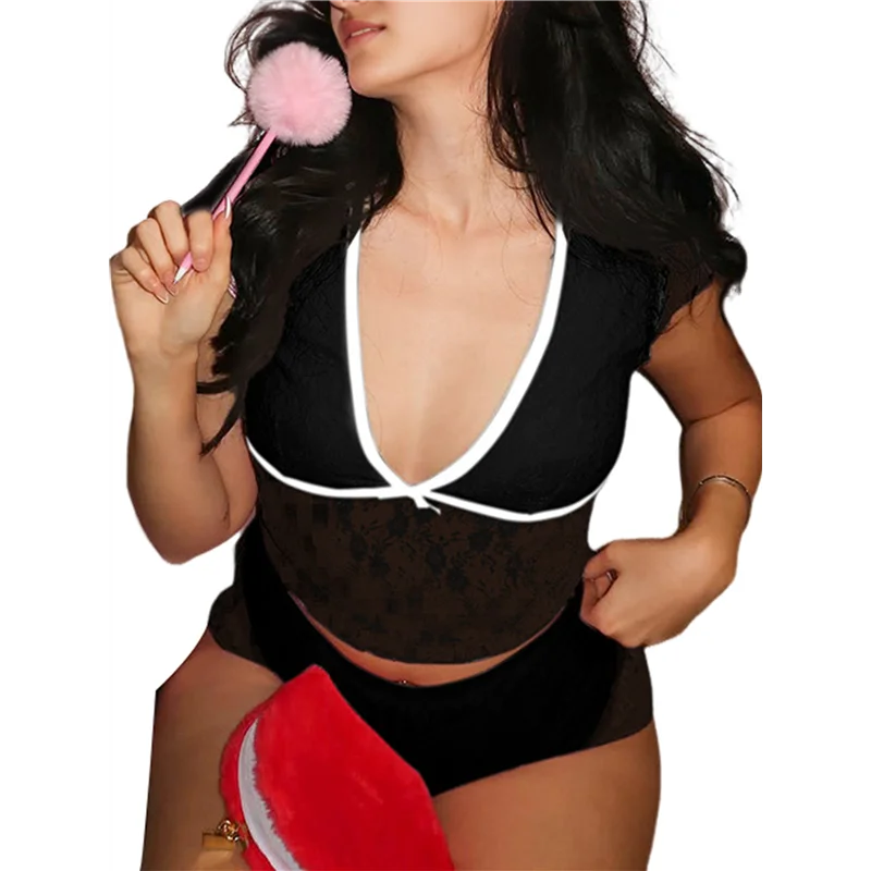 

ABP-Women's 2 Piece Outfits Lace See Through Top Bodycon Shorts Sets V Neck Vacation Going Out Wear