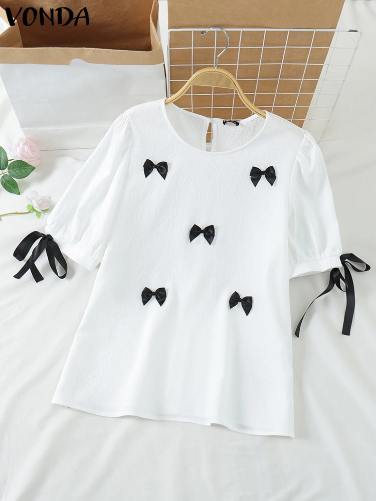 

VONDA Women Blouse Summer Tops Bohemian O Neck Bow Shirts 2025 Casual Loose Oversized Tunic Solid Color Blusas Femininas