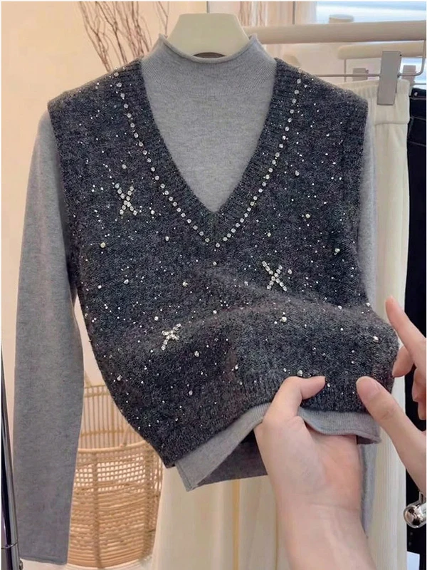 

Красный вязаный жилет с V-образным вырезом и стразами, модная женская верхняя одежда, омолаживающий топ, многослойная одежда, прямой крой, стандартная длина