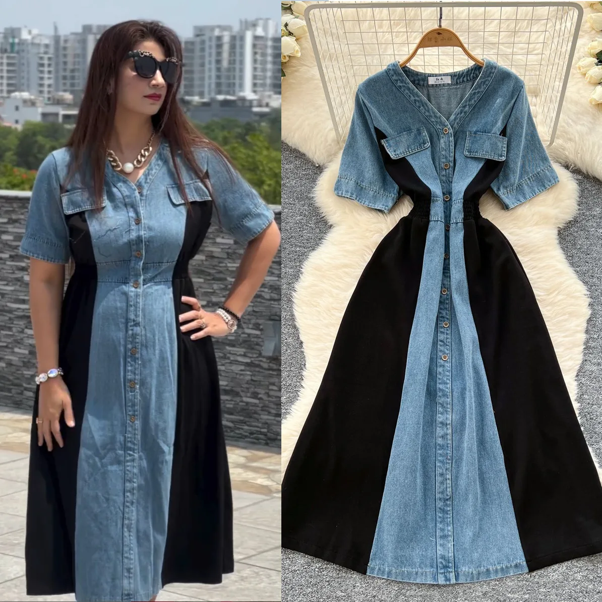 

Long Dress Women Denim Dresses A Line Vestidos Streetwear V Neck Short Sleeve Elegant Work Y2k Work High Waist Summer 2025