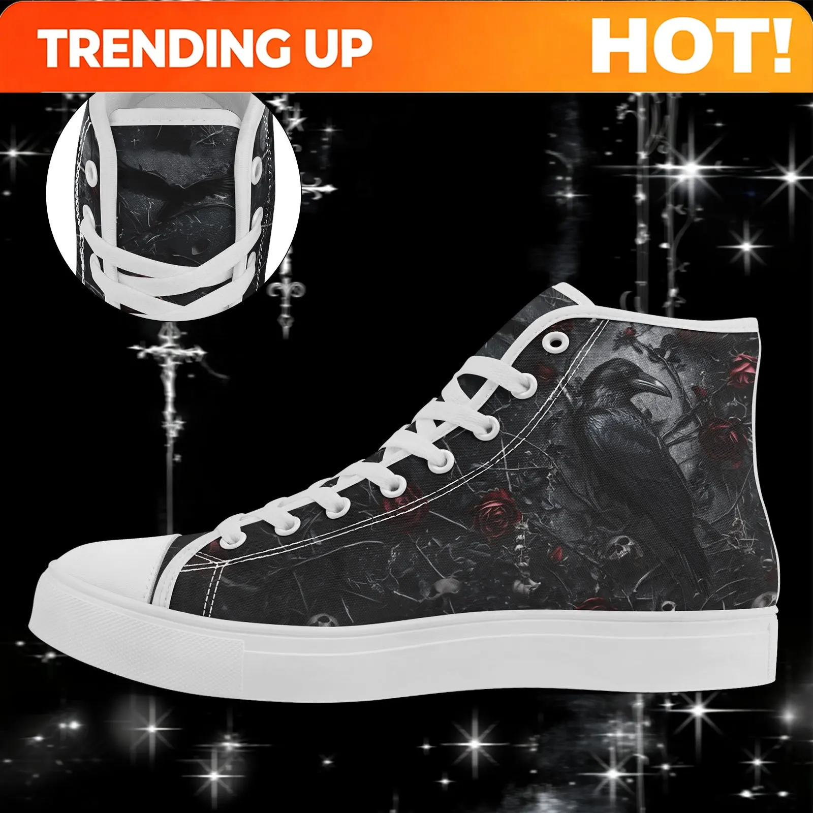 Customization Men’s Gothic Crow Rose Print Casual High Top Shoes, Punk Style Trendy Streetwear Couple Sneakers For Casual