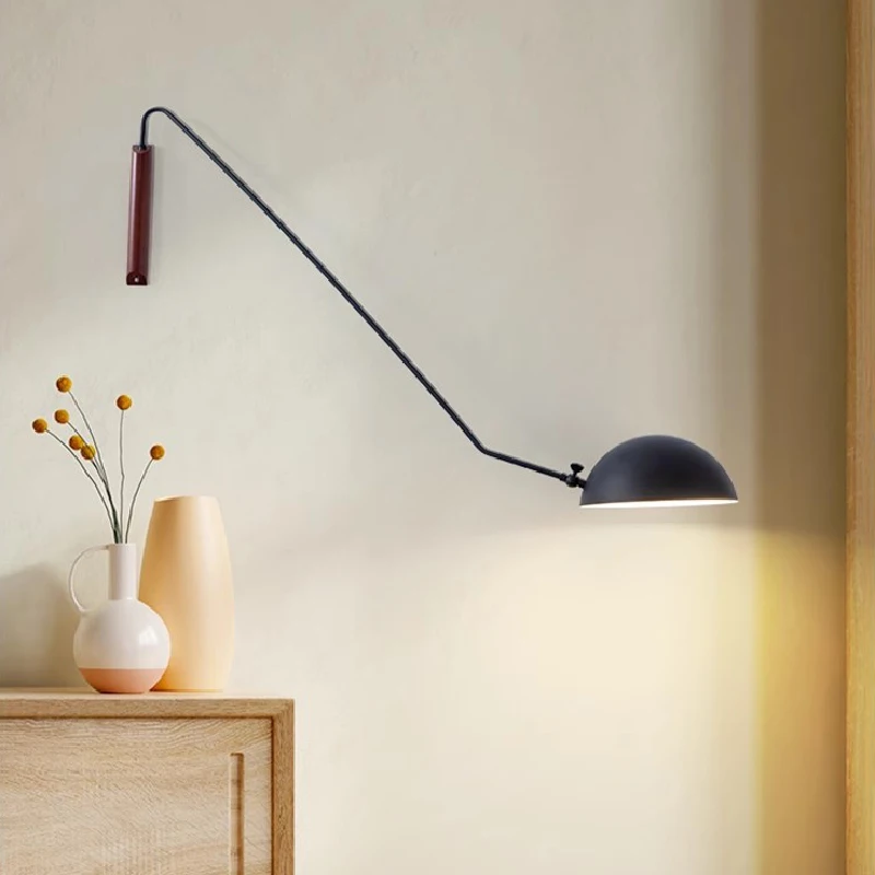 Imagem -02 - Longo Braço Balancim Lâmpadas de Parede Madeira Maciça Rotatable Swing Lamp Bedroom Bedside Living Room Reading Wall Lights Dourado Preto