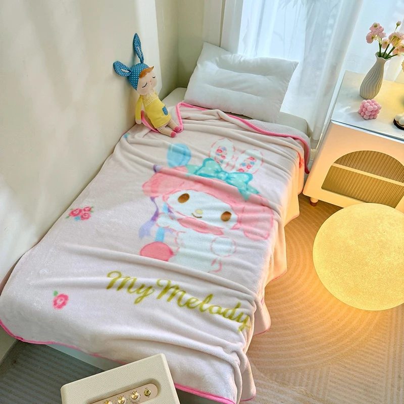 Sanrio Coral Velvet Blanket Hello Kitty Cinnamoroll Kuromi Mymelody Office Home Blankets Winter Thickening Thermal Quilt Bed Set