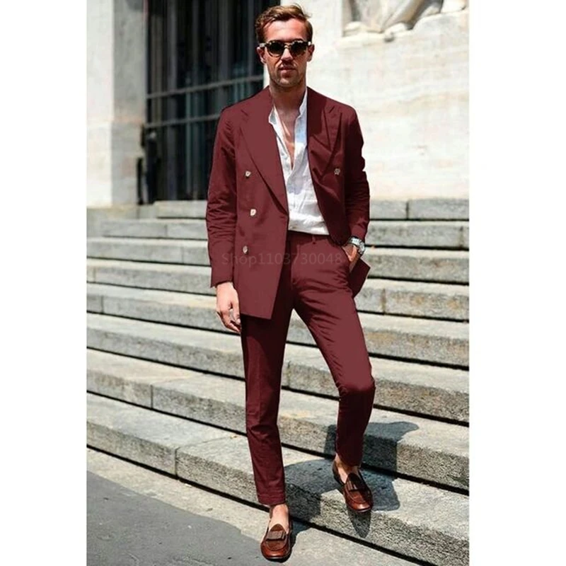 

Burgundy Men Suits Slim Fit Smart Casual Wedding Dress Suits Peak Lapel Jacket Pants Formal Tuxedos for Business 2 Piece Sets