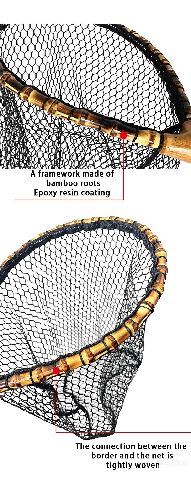 TAKEDO Handgefertigter Leichter Forellen-Landungsnetz mit Eichenholzgriff Fliegenfischer-Netz für Fang und Freilassung von Makrelen, Barsch und Forelle – Detail 4