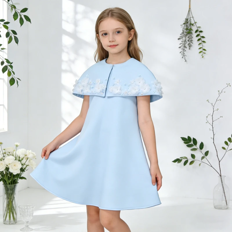 2026 Girls Light Blue Dress Princess Gown Kids Floral Cape Formal Occasion Outfit Clothes Elegant Birthday Party Banquet Evening