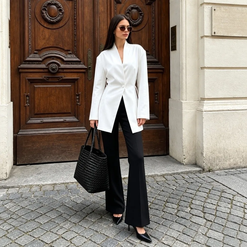 White Women V Neck Blazer Mid Length Waist Tie Ladies Waist Tie Suit Jacket Single Button V Neck Fitted Blazer Outerwear