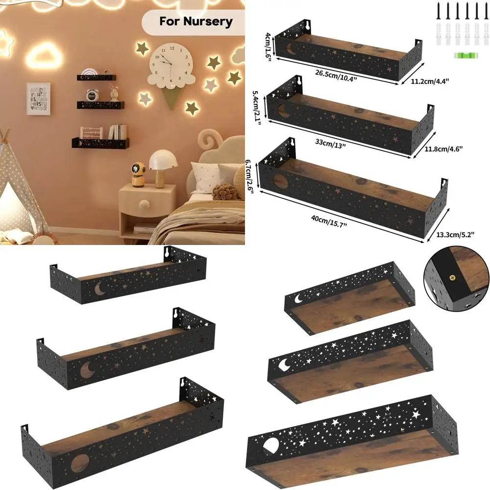 

Black Moon & Stars 3-Piece Wall Shelf Set for Home Storage and Decoration, Brown Board