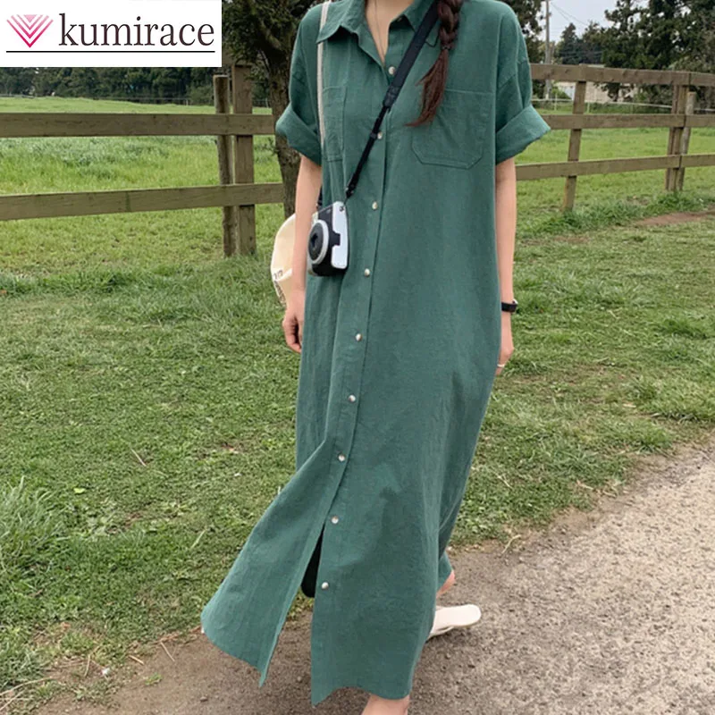 

Cotton and Linen Shirt Skirt Commuting Women Summer Simple Socialite Short Sleeved Dress Over the Knee Long Skirt Long Dresses