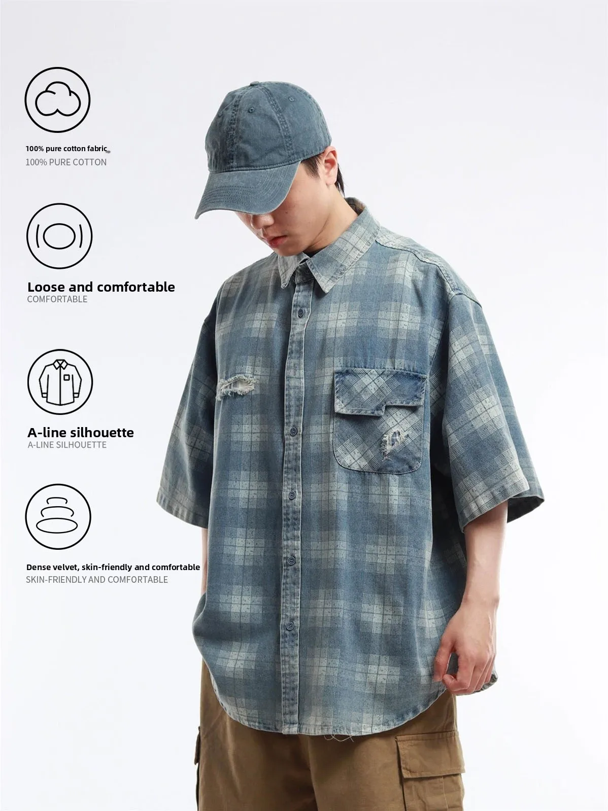Retro Japanese Style Loose Fit Short Sleeve Denim Shirt Men Women Universal Blue Water Washed Checkered Hole Short Shirt