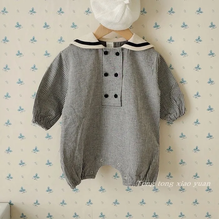 2024 Spring New Baby Long Sleeve Romper Boy Girl Newborn Navy Collar Striped Jumpsuit Cotton Infant Toddler Casual Clothes 0-24M