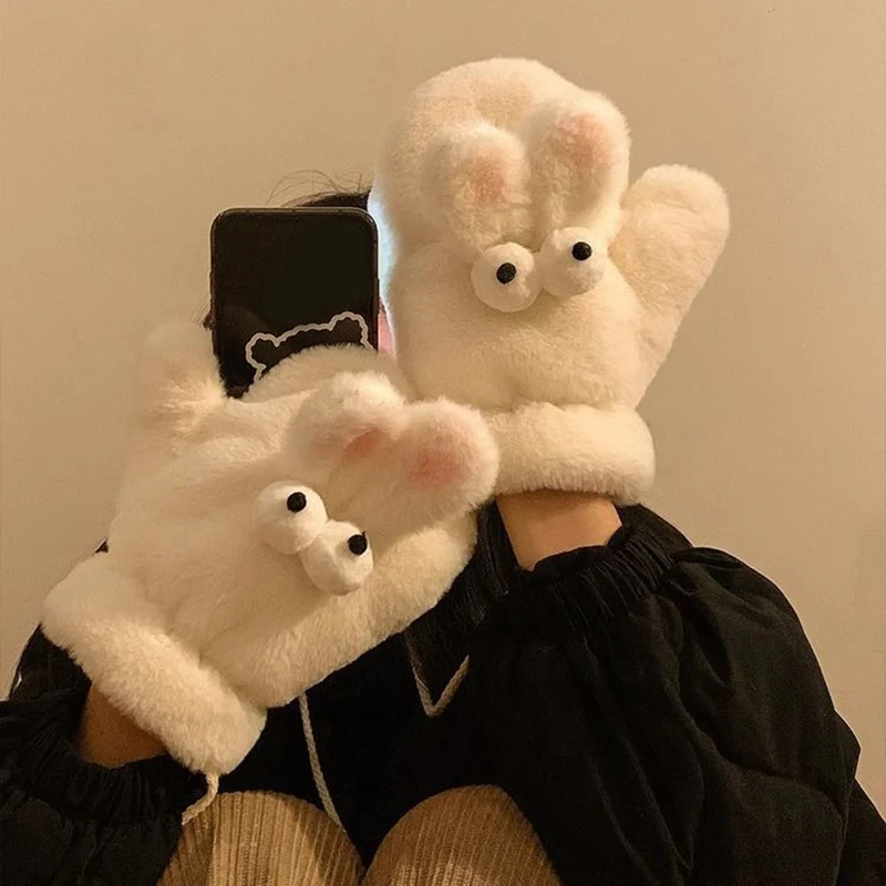 Cute Rabbit Fur Furry Mittens Plush Fingerless Gloves Windproof Hanging Neck Mittens For Girls