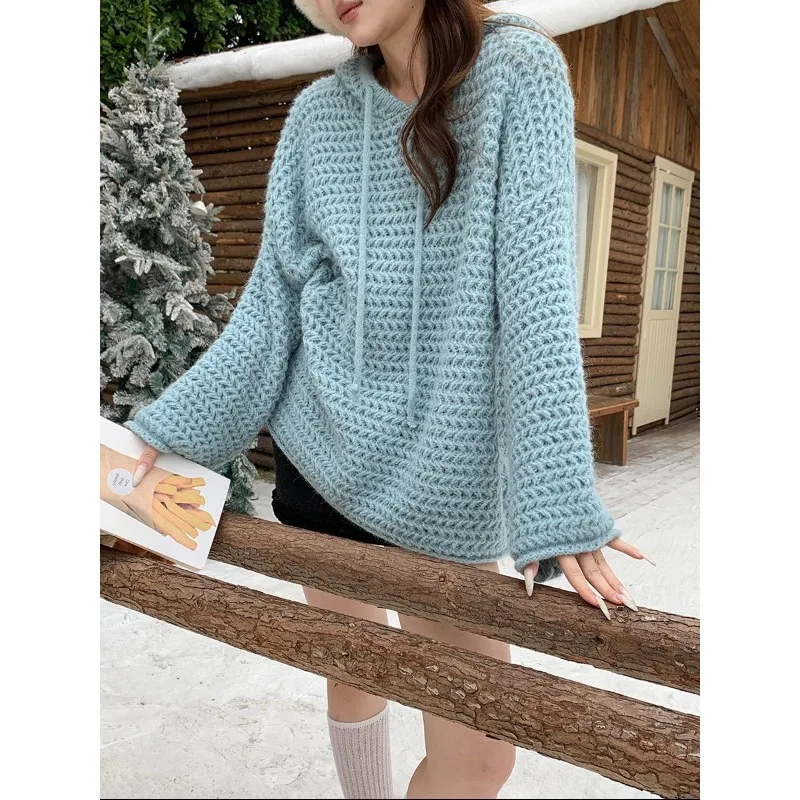 

Hollow Thick Needle Loose Lazy Drawstring Hooded Knitted Sweater
