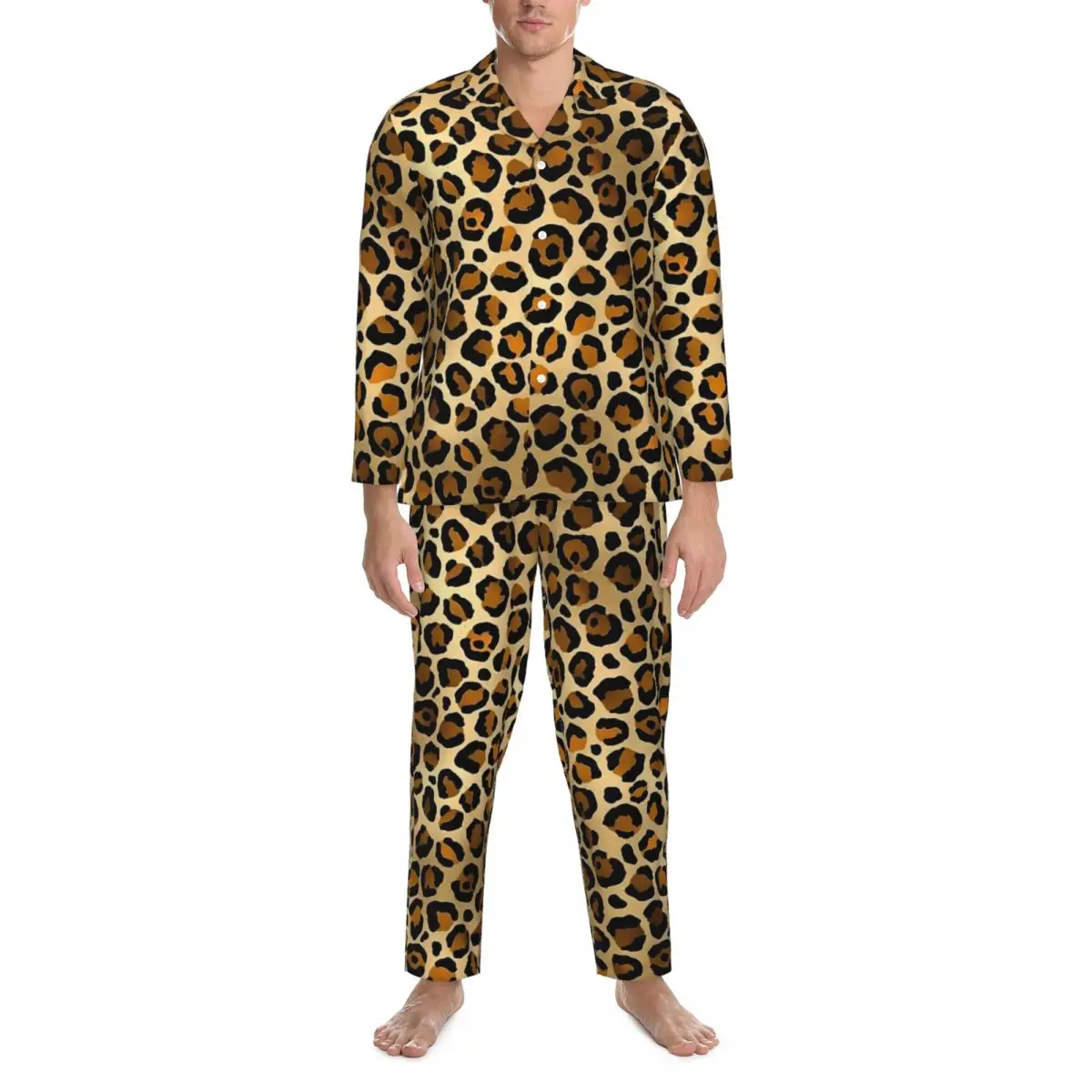 Orange Leopard Print Pajama Sets Comfortable Sleepwear Male Long Sleeve Casual Bedroom 2 Pieces Nightwear Plus Size