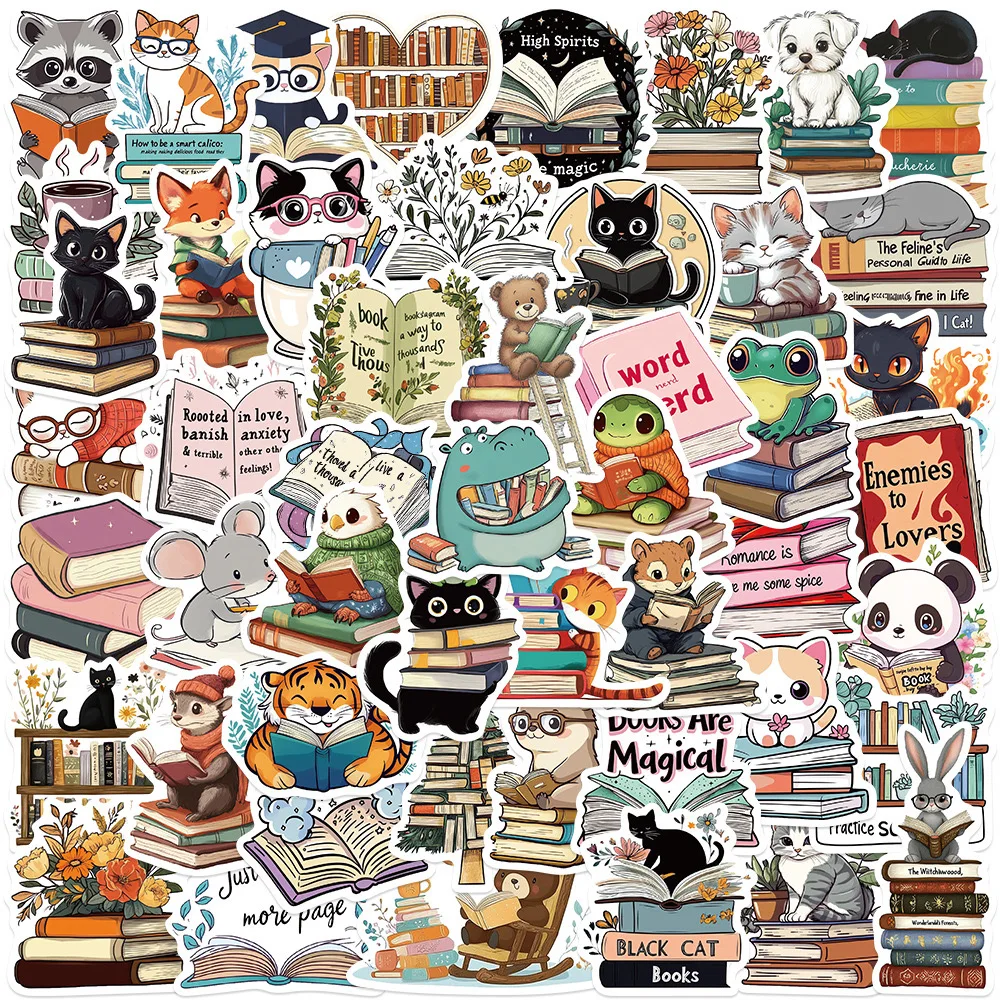 10/50/100pcs Cute Funny Animal Reading Books Graffiti Stickers Kindle Aesthetic DIY Scrapbook Luggage Laptop Phone Sticker Toy