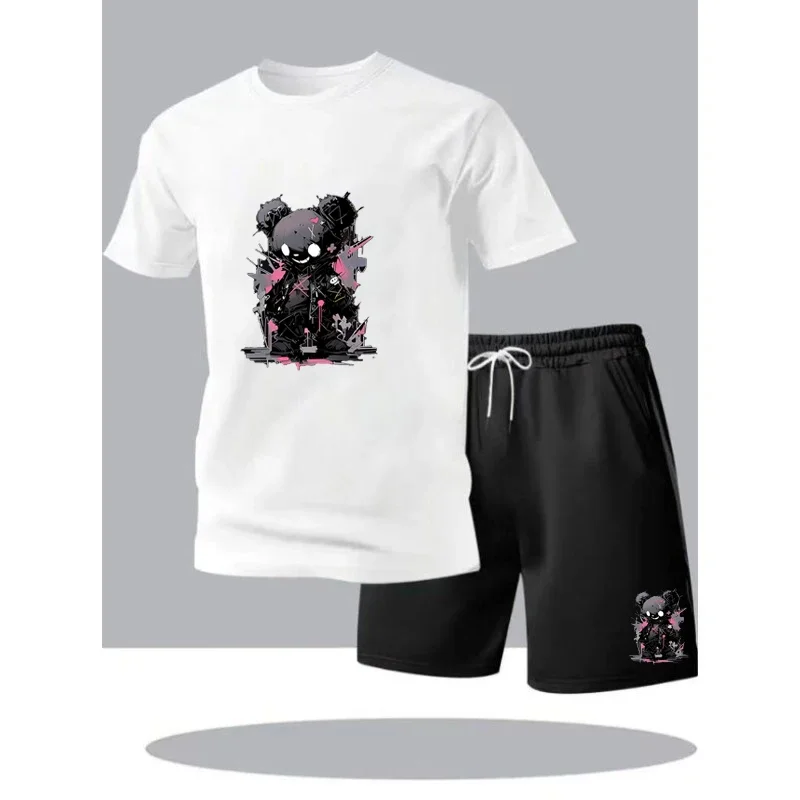

2025 New Men Women 2 Piece Set Gothic Punk Evil Bear Graphic T-Shirt and Shorts Set Vintage Washed Streetwear Casual Tracksuit