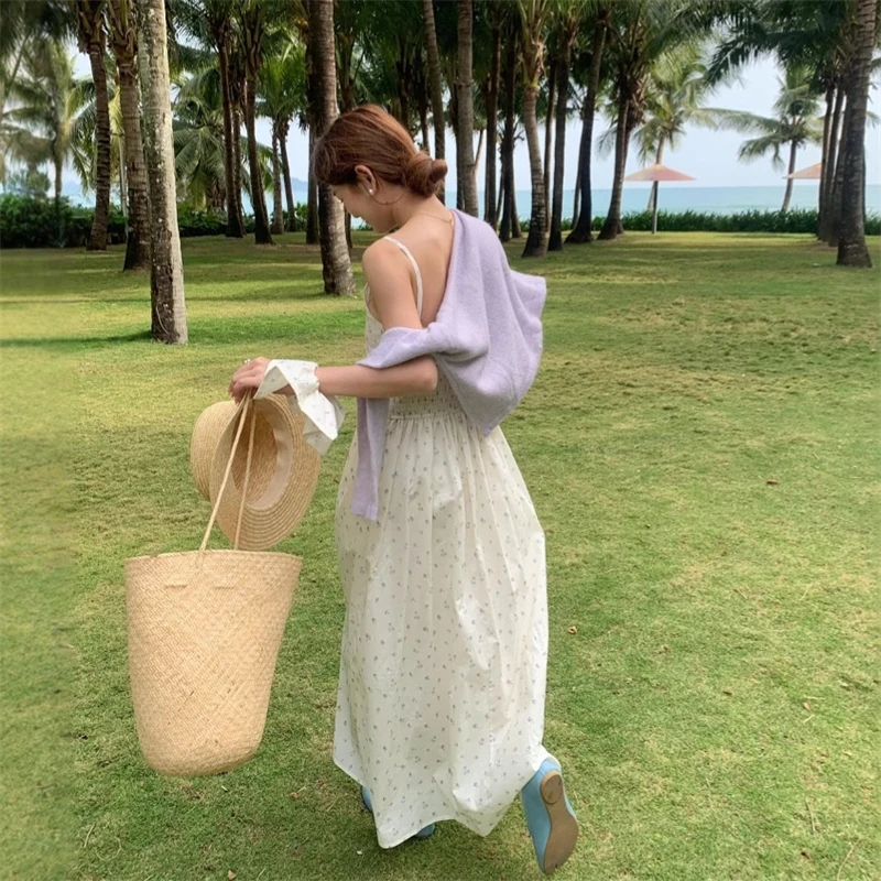 

New Korean Dress Summer V-neck Spaghetti Strap Floral Dress For Women Sweet Girl Embroidery Ropa De Mujer Backless Dress