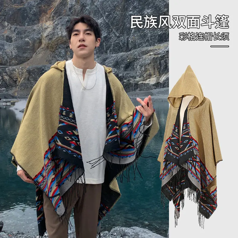 Autumn Winter New Bohemian Shawl Men Ponchos Cashmere Blend Cape Coat Fringe Poncho Vintage Tassel Scarf Hooded Wraps Outwear