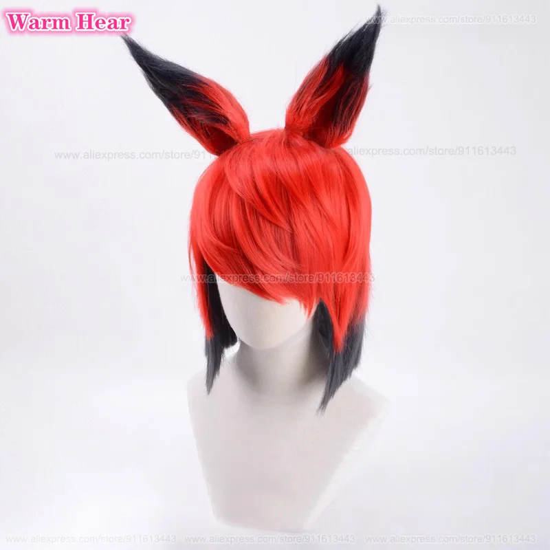 Peruca sintética anime com orelha para homens e mulheres, cabelo resistente ao calor, perucas curtas, boné vermelho e preto, hotel, alastor, cosplay