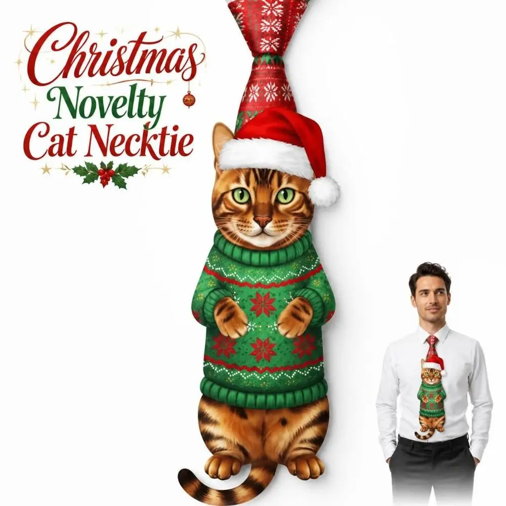 Cat Printed Christmas Novelty Necktie Lifelike Lightweight Animal Printed Neck Tie Satin Fabric Fun Party Necktie Party, Holiday