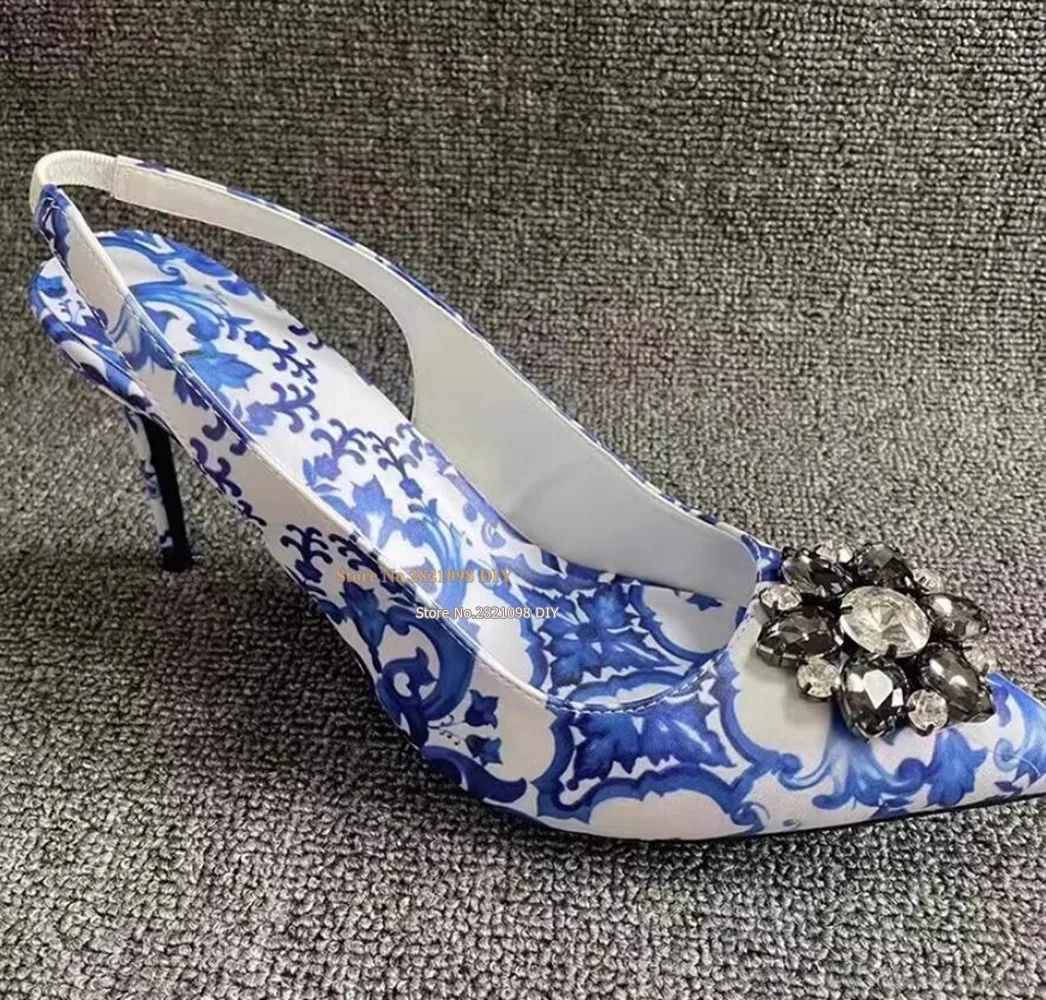 Stiletto Heels Blue Majolica Print Slingback Court Pumps Leather Women Pointed Toe Jewelry Bridal Wedding Shoes High Heels