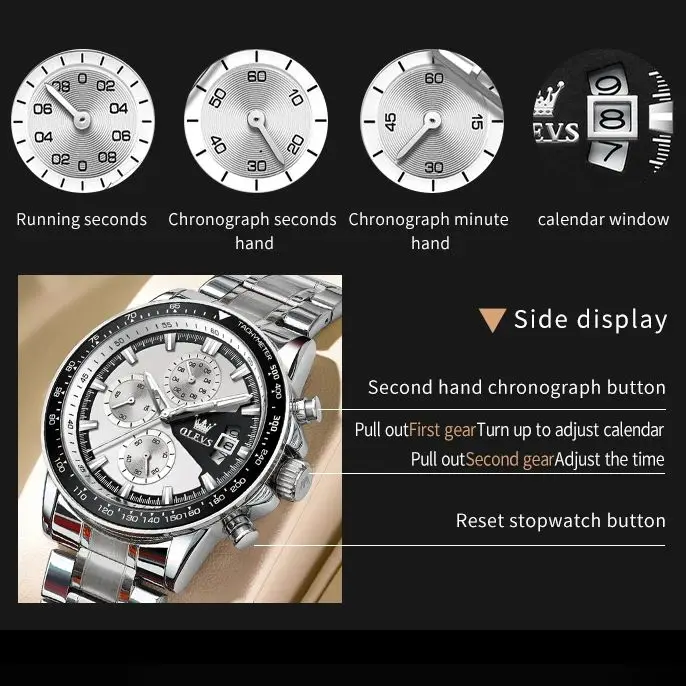 ساعة OLEVS TY705 للرجال فاخرة مقاومة للماء ساعة كوارتز مضيئة متعددة الوظائف توقيت ساعة رياضية أصلية للرجال