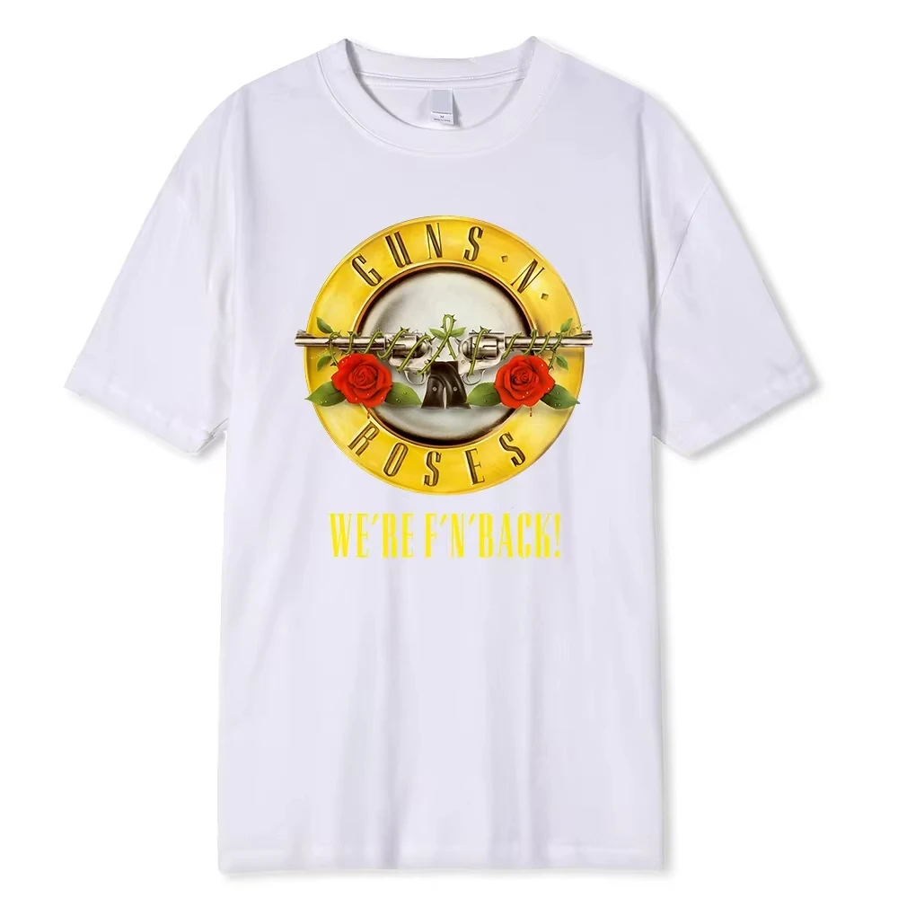 Guns N Roses Men Black Graphic Tee Vintage Bullet Pattern Rock Print Casual Short Sleeve Streetwear Fashion Daily Wear Tops Item