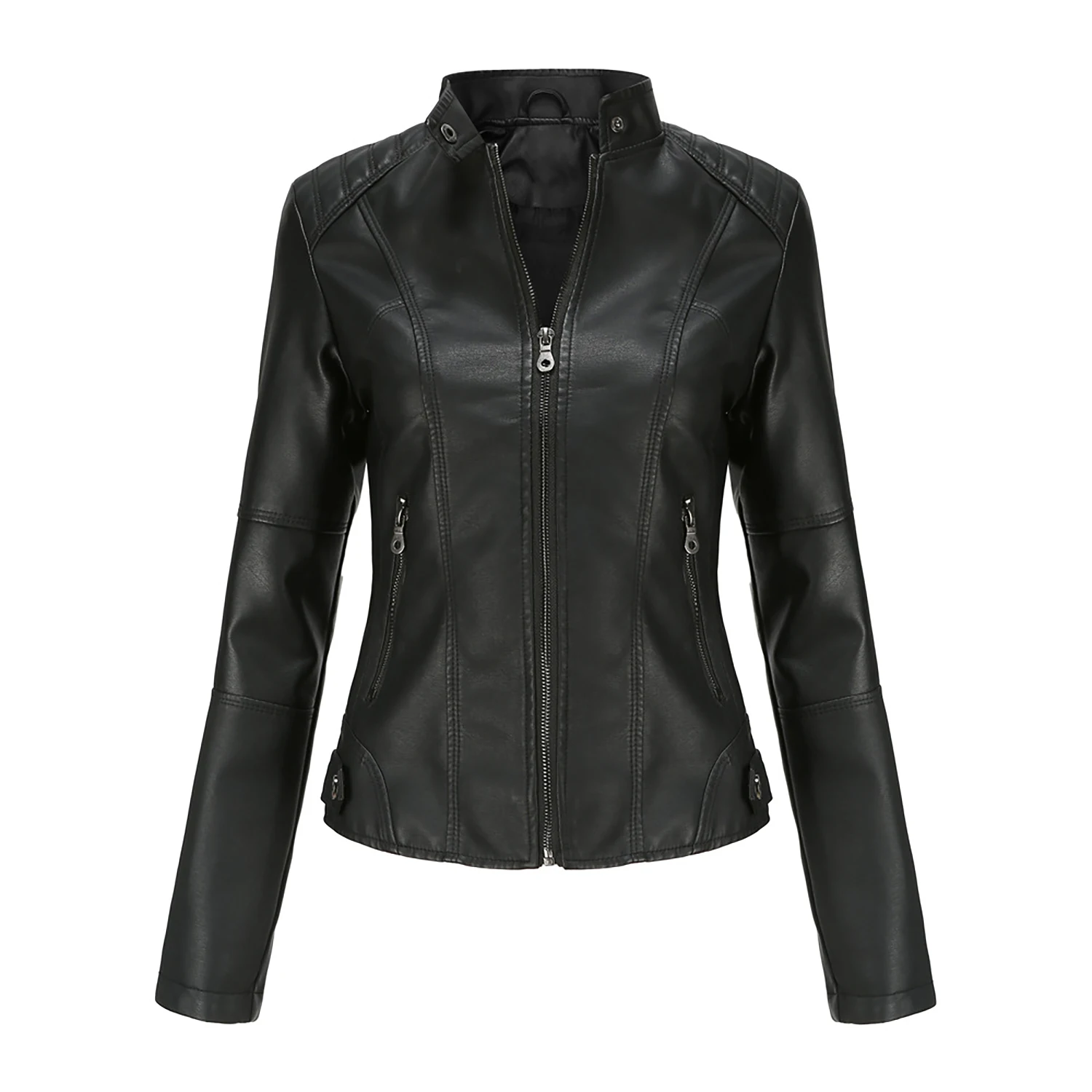 Women's Faux Leather Motorcycle Jacket Stand Up Collar Slim Fit Zipper Pocket Plus Size Spring Autumn Biker Outerwear Coat