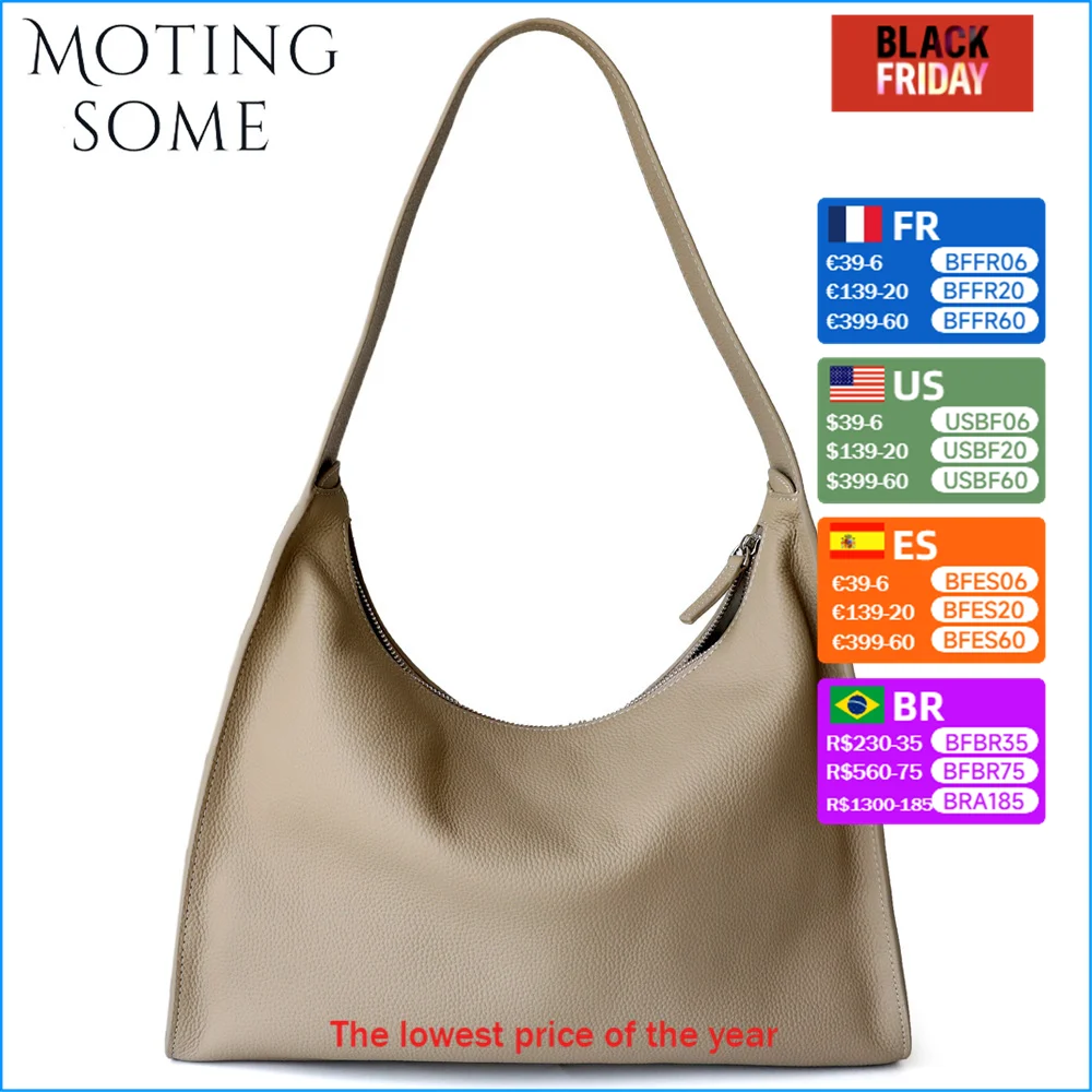 Motingsome Minimalism Cow Leather Bags Soft Leather Underarm Shoulder Hobos Bags Luxury Cowhide Pouch Daily Purses 2024 New