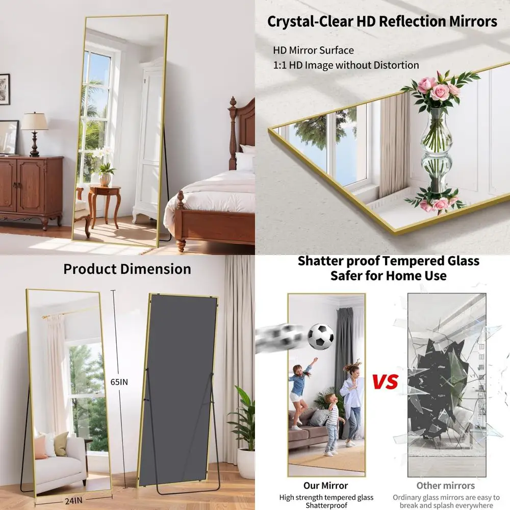 Espelho de chão dourado de comprimento total com suporte, espelho elegante de corpo inteiro para casa, espelho de parede grande
