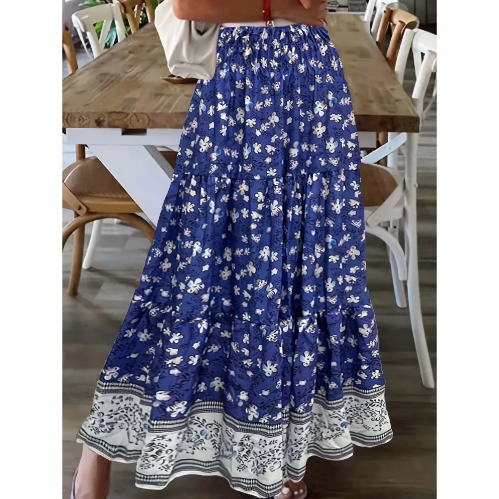 

Women Fashion High-Waisted Floral Printed Skirt Ladies Casual Lace Patchwork Hem Maxi Skirt