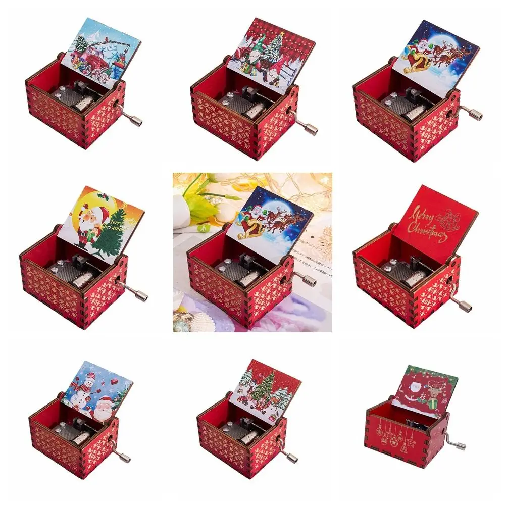 Classical Red Hand-cranked Music Box DIY Painted Music Box Ornaments Exquisite Hand-cranked Santa Claus Wooden Box Children