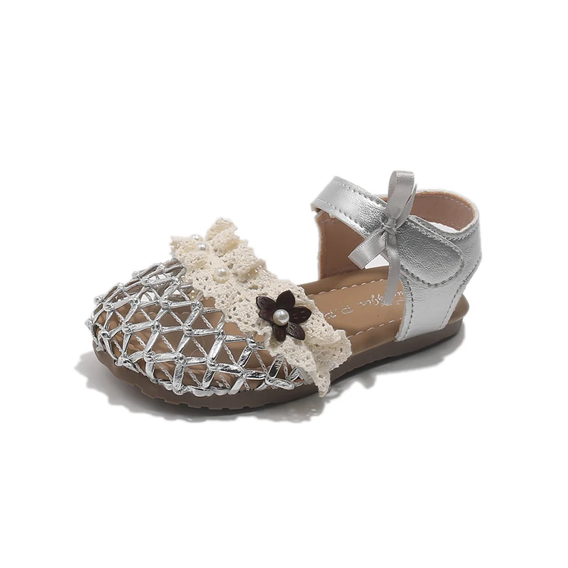 2026Girl's Sandals Breath-mesh Braided Adorable Summer Kids Sliders Bowtie Beige Sliver Round Toe All-match Childern Shoes 23-33