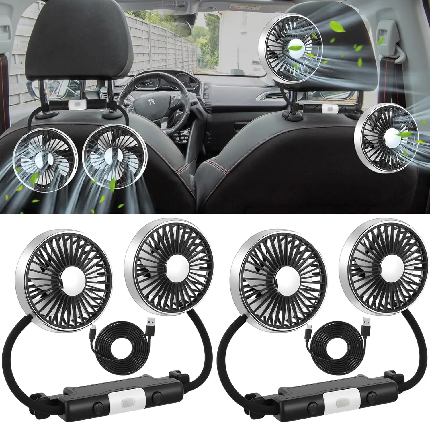 DaisyInner 2 Pcs Car Fan For Backseat Dual Backseat Cooling 360 Degree Rotatable Seat Fans With LED Light USB Car Rear Seat Fan