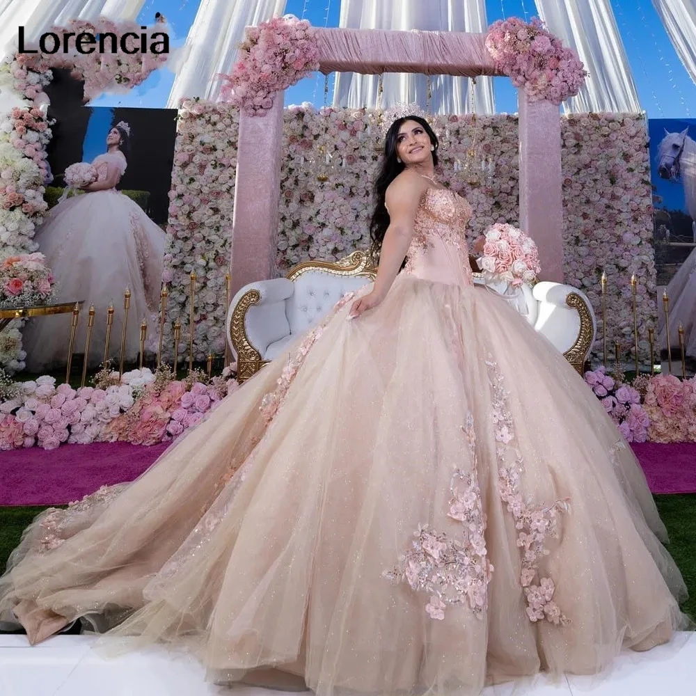 Lorencia-vestido De quinceañera para niña, traje De cuentas con apliques florales en 3D, color champán, para fiesta De cumpleaños y baile De 16 Años, YQD676