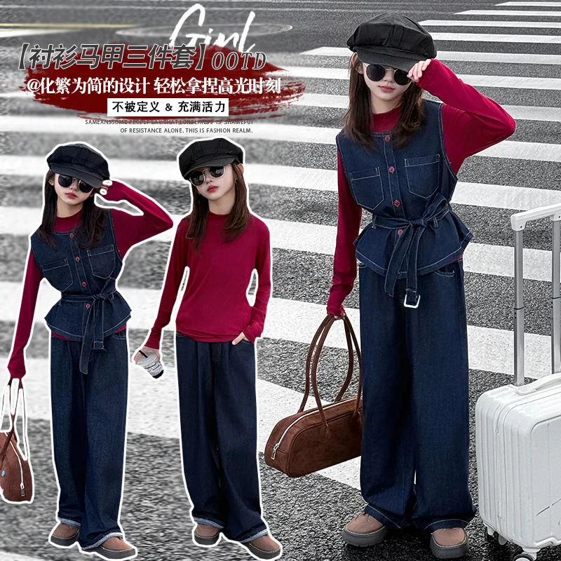 المراهقات الفتيات كاوبوي الملابس مجموعة الربيع تصميم سترة جينز حزام تي شيرت واسعة الساق الجينز 3 قطعة الاطفال السراويل دعوى ملابس أطفال #3