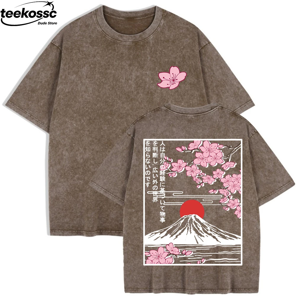 Mount Fuji Cherry Blossoms Prints Washed T-Shirts Womens Cotton Short Sleeve Tops Summer O-Neck Oversized T Shirt Basic Clothes