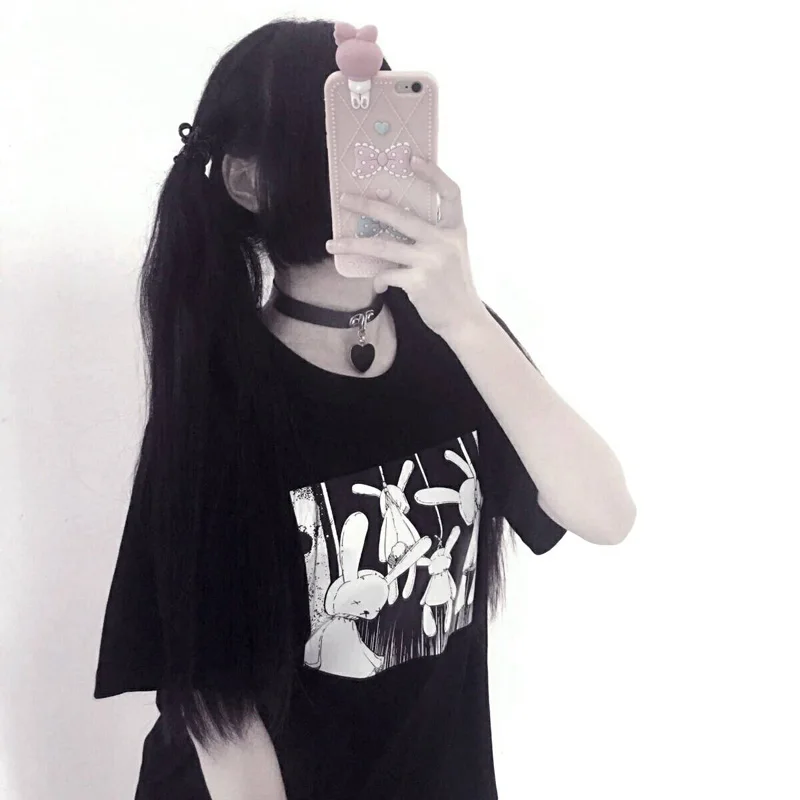 Harajuku Y2k Goth Anime Rabbit Print T-shirts Women Graphic Oversized Tee Shirt Female Streetwear HipHop Vintage Clothes Tops