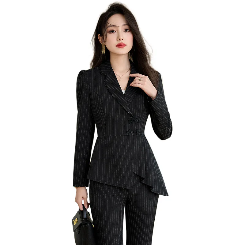 Terno listrado preto para mulheres novo style2024 outono inverno high-end emagrecimento roupa profissional forte aura roupa formal feminina