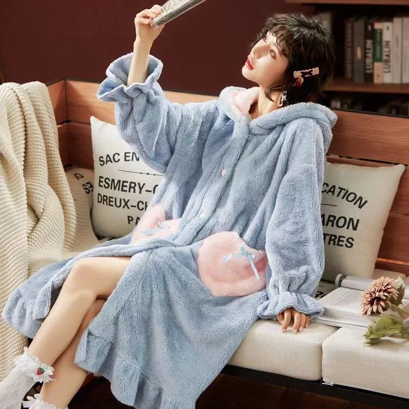 autumn Winter Coral Fleece long Bathrobe Women Hooded Warm Kimono Bath Robe Cozy Kimono Shower Robes casual Loose Rest Nightgown