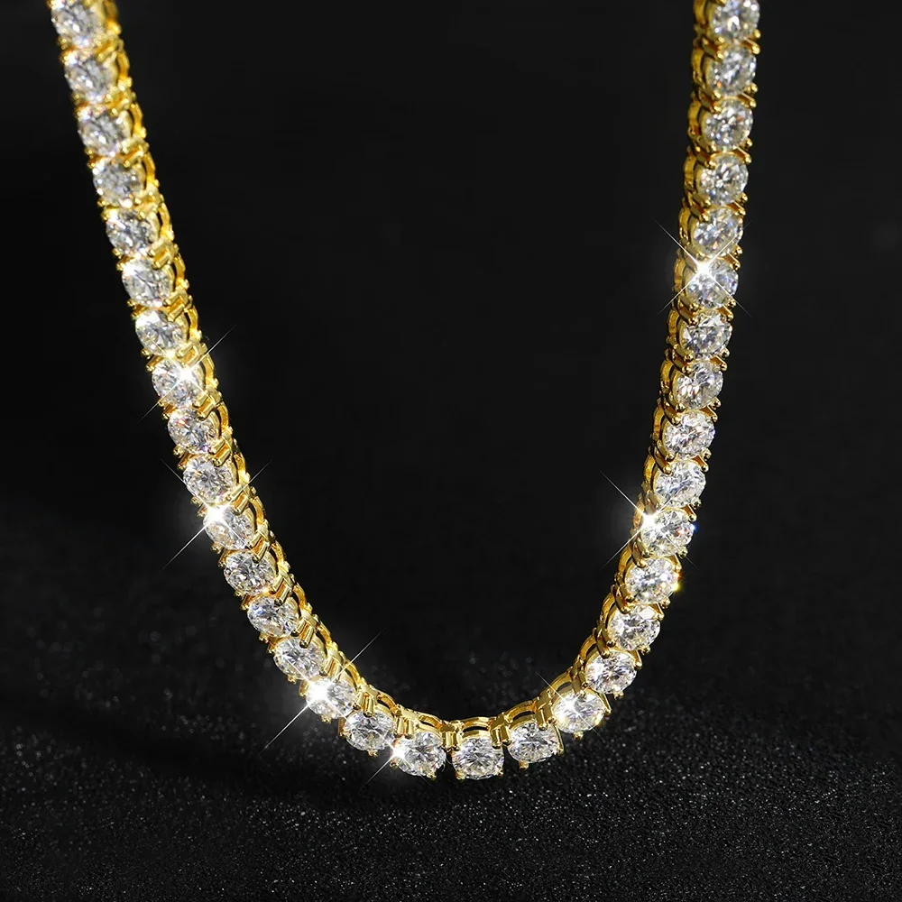 5mm Full Moissanite Diamond Tennis Necklace with GRA 925 Sterling Silver Plated Yellow Gold Neck Chain Bracelet for Women Men