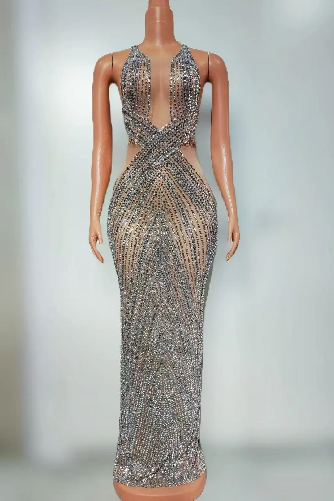 

Fashion Show Full Diamond Tight Sexy MeshSleeveless Butt Wrapping Long Dress Nightclub BarPerformance Costume A764