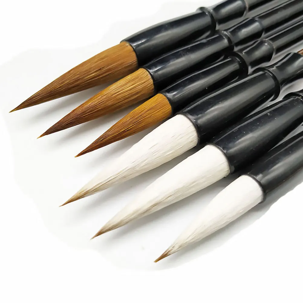 6Pcs Chinese Calligraphy Brush Set Wood Handle Wolf Hair Traditional Drawing Writing Practice Brush Sizes L