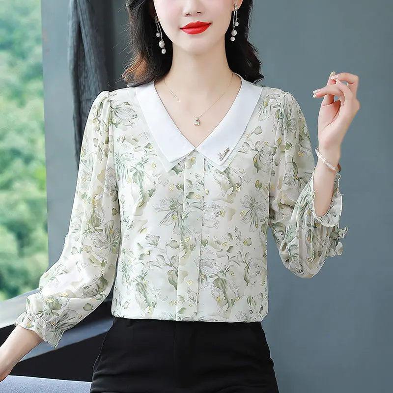 แฟชั่นพิมพ์เสื้อเชิ้ตแขนสามในสี่เสื้อชีฟองผู้หญิงฤดูใบไม้ผลิฤดูใบไม้ร่วงรุ่นใหม่ลดอายุกระชับสัดส่วนฐานอเนกประสงค์
