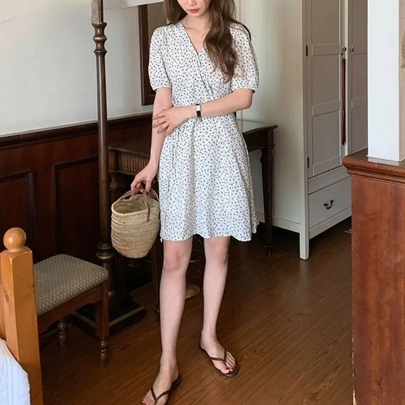 

Fashion Waist Drawstring Mini Dress Female Clothing Vintage Broken Flowers Summer Elegant V-Neck Korean Short Sleeve Dresses New