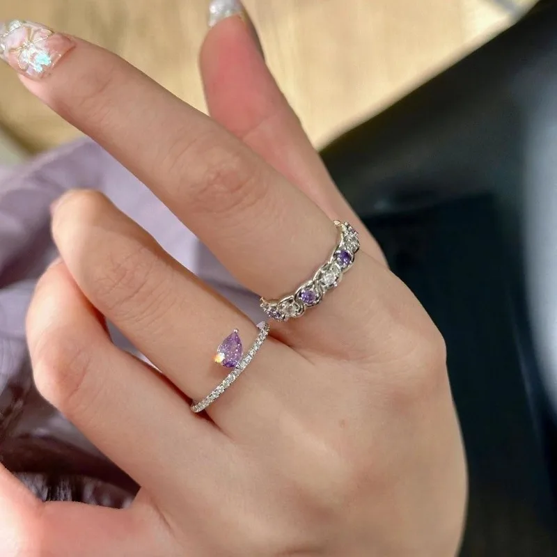 Light luxury exquisite romantic purple water droplet crystal rings for women silver 925 layered design ring daily jewelry gifts