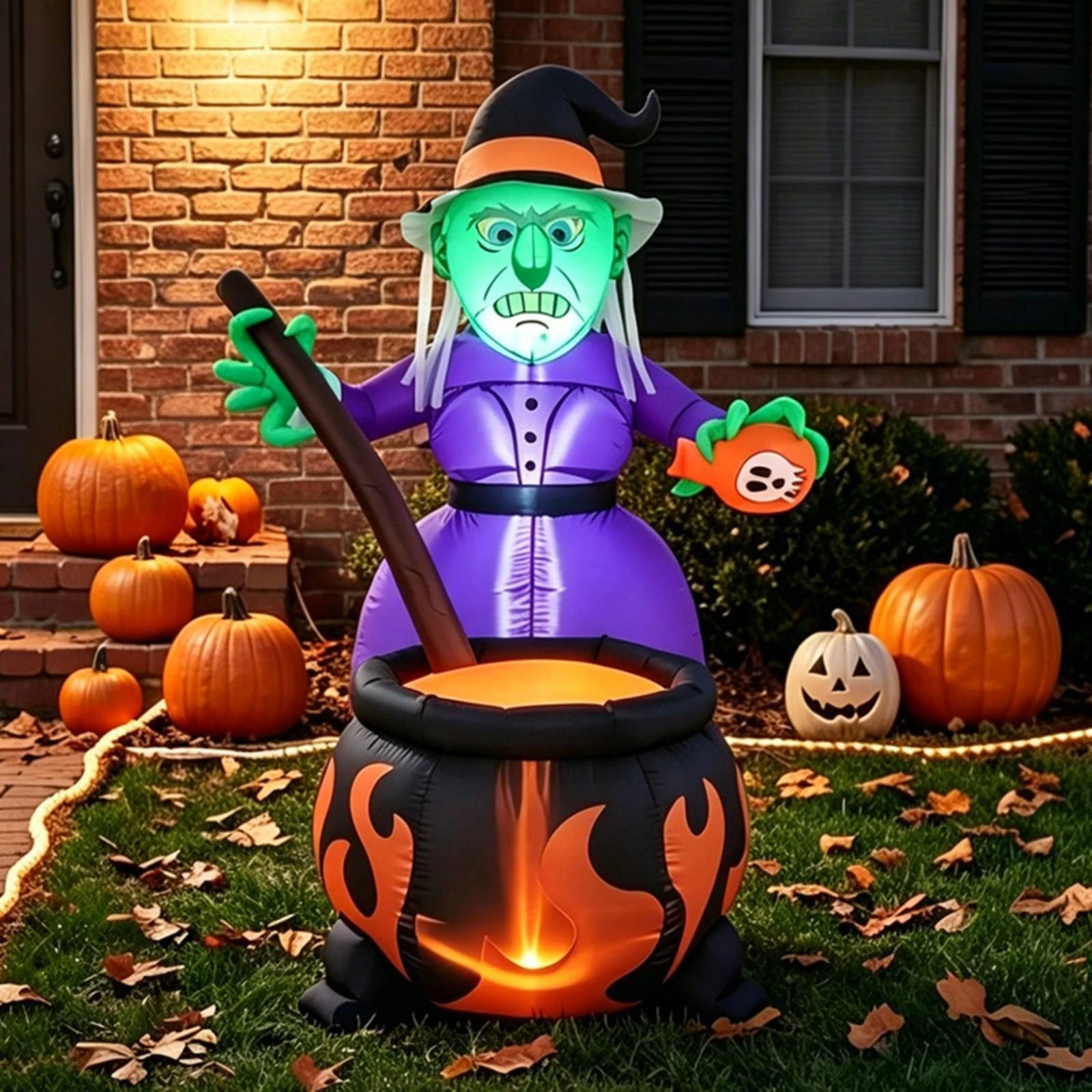 Halloween Inflatable Witch and Pot Lighted Witch and Pot Inflatable Yard Decoration Outdoor Spooky for Lawn, Garden