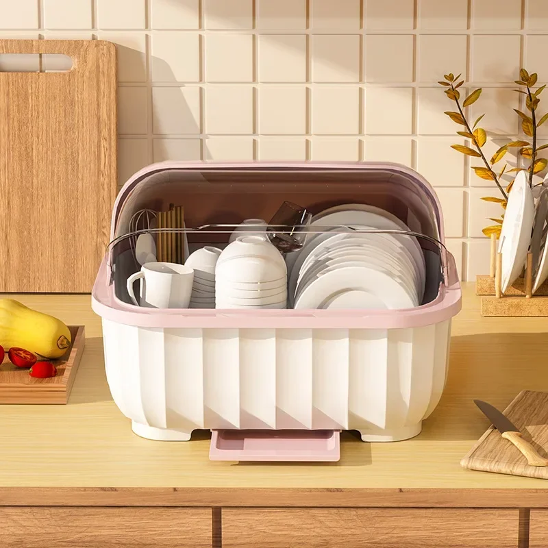 Dish Drying Rack Kitchen Utensils Drainer Rack with Folding Cover Cupboard Organizer Kitchen Storage Rack Countertop Dinnerware