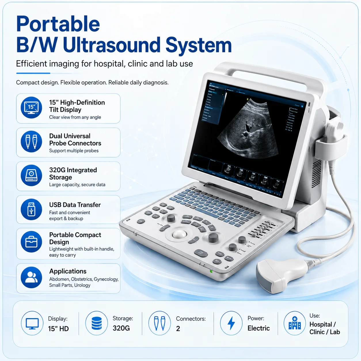 Original Mindray DP 50 Ultrasound Ecografo Cardiologia Diagnosis Medical Portable Digital B/W Ultrasound Machine