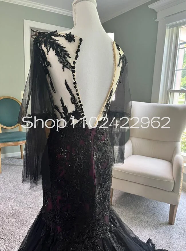 Gothic Black and Purple Wedding Dresses Illusion Long Sleeve Lace Applique Trumpet Bridal Gown vestidos boda civil mujer